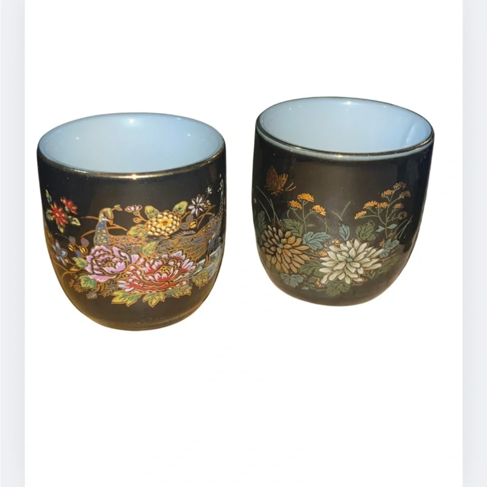 Vintage MCI Japan 5-Piece Black & Gold Peacock Floral Sake Set